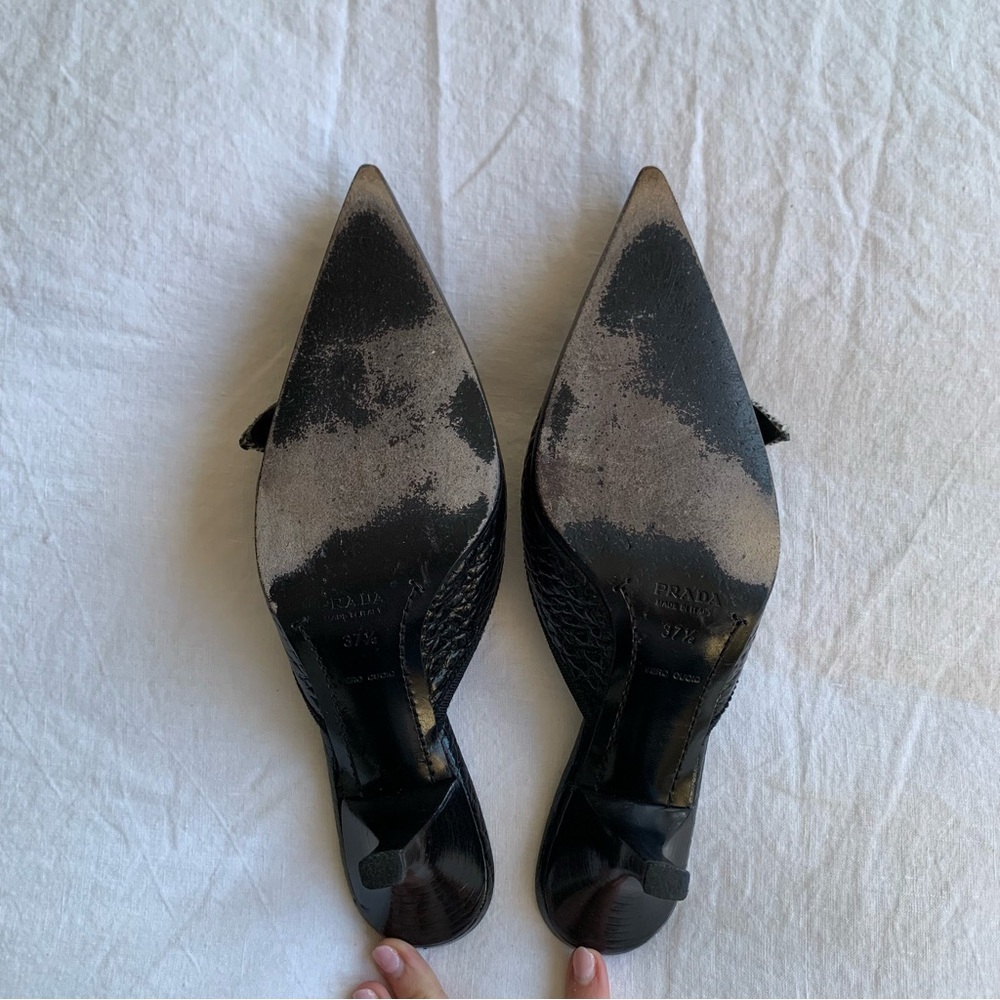 Vintage Prada Tweed Rosette Flower Pebbled Leather Pointy Toe Mules Kitten Heels - Picture 8 of 11